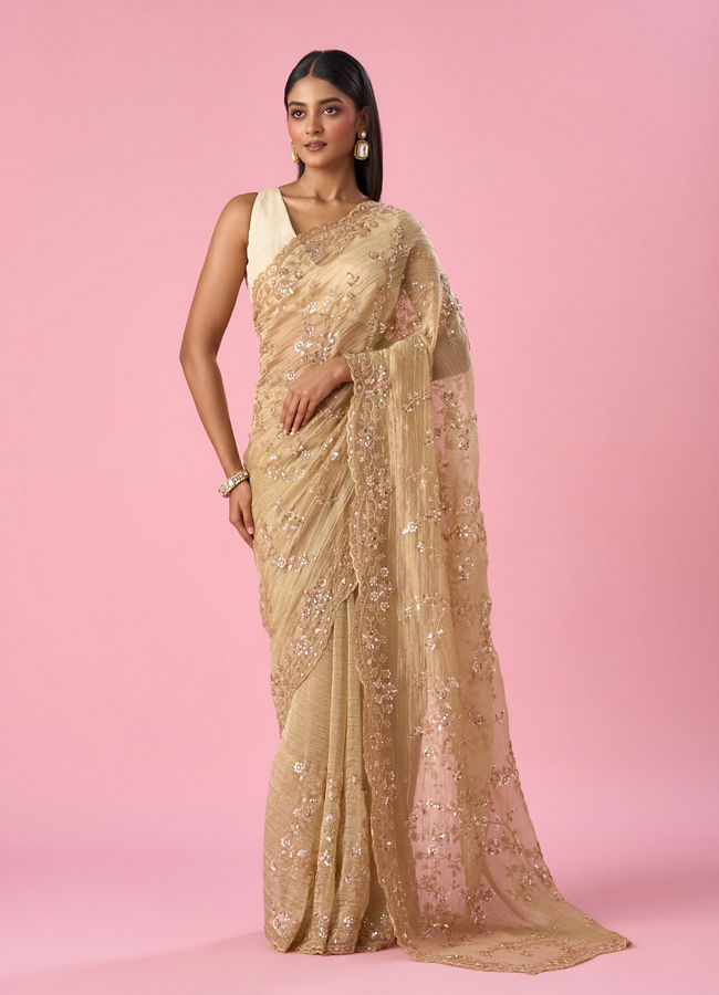 Mohey Women Fawn Organza Saree with Cutdana and Sequin Work