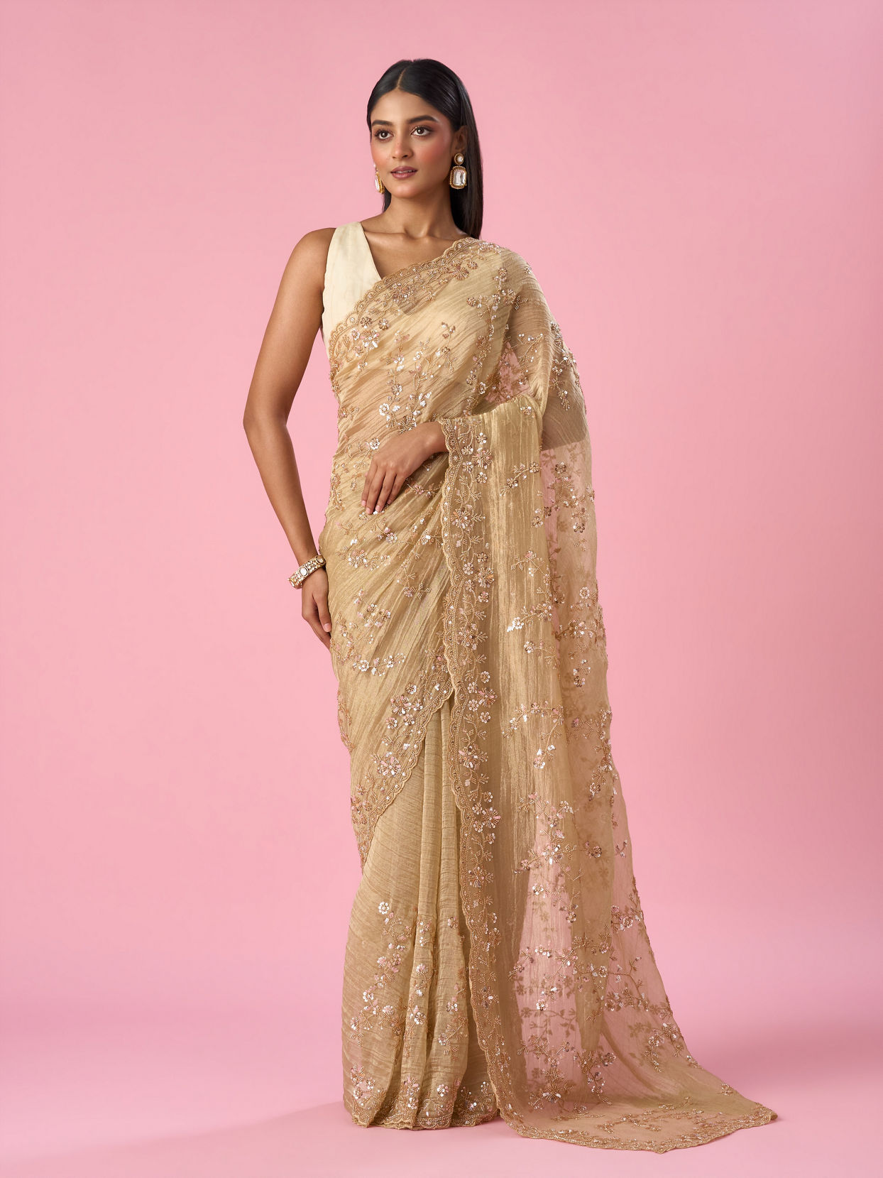 Mohey Women Fawn Organza Saree with Cutdana and Sequin Work