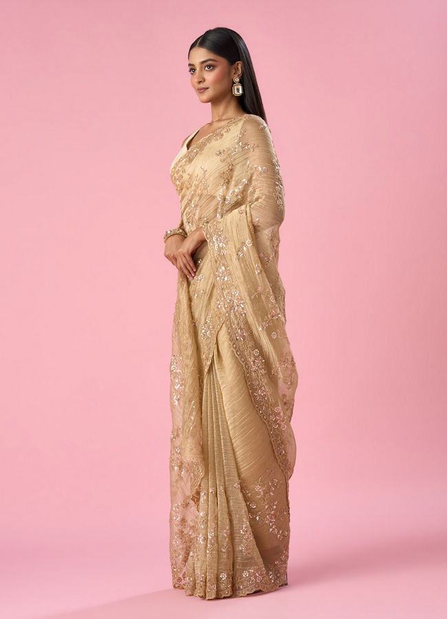 Mohey Women Fawn Organza Saree with Cutdana and Sequin Work