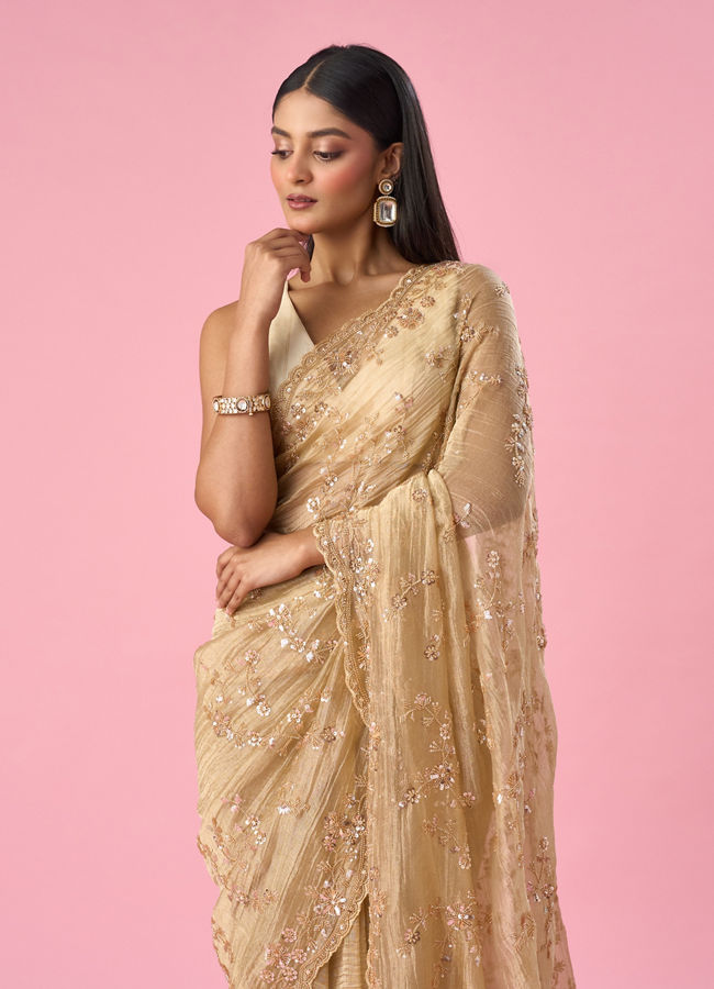 Mohey Women Fawn Organza Saree with Cutdana and Sequin Work