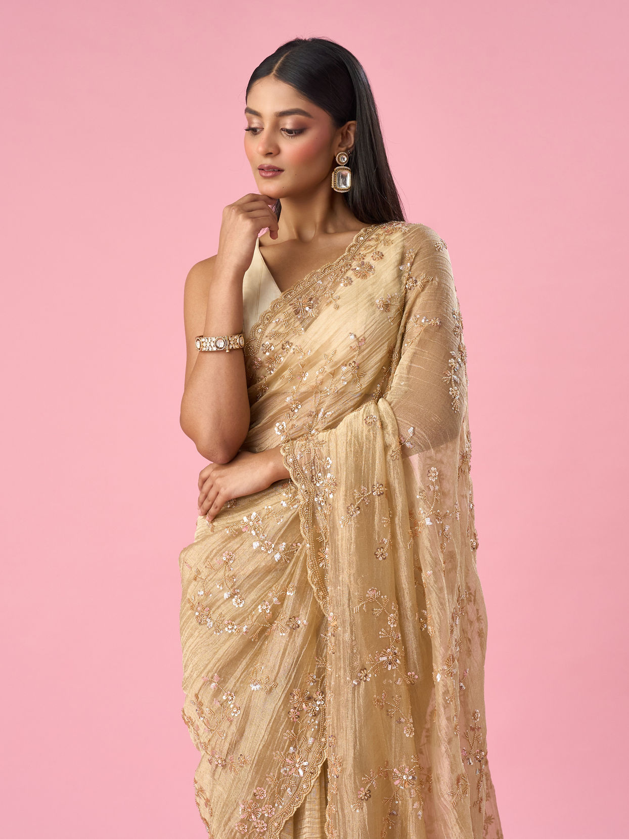 Mohey Women Fawn Organza Saree with Cutdana and Sequin Work