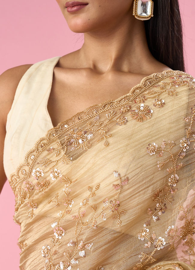 Mohey Women Fawn Organza Saree with Cutdana and Sequin Work