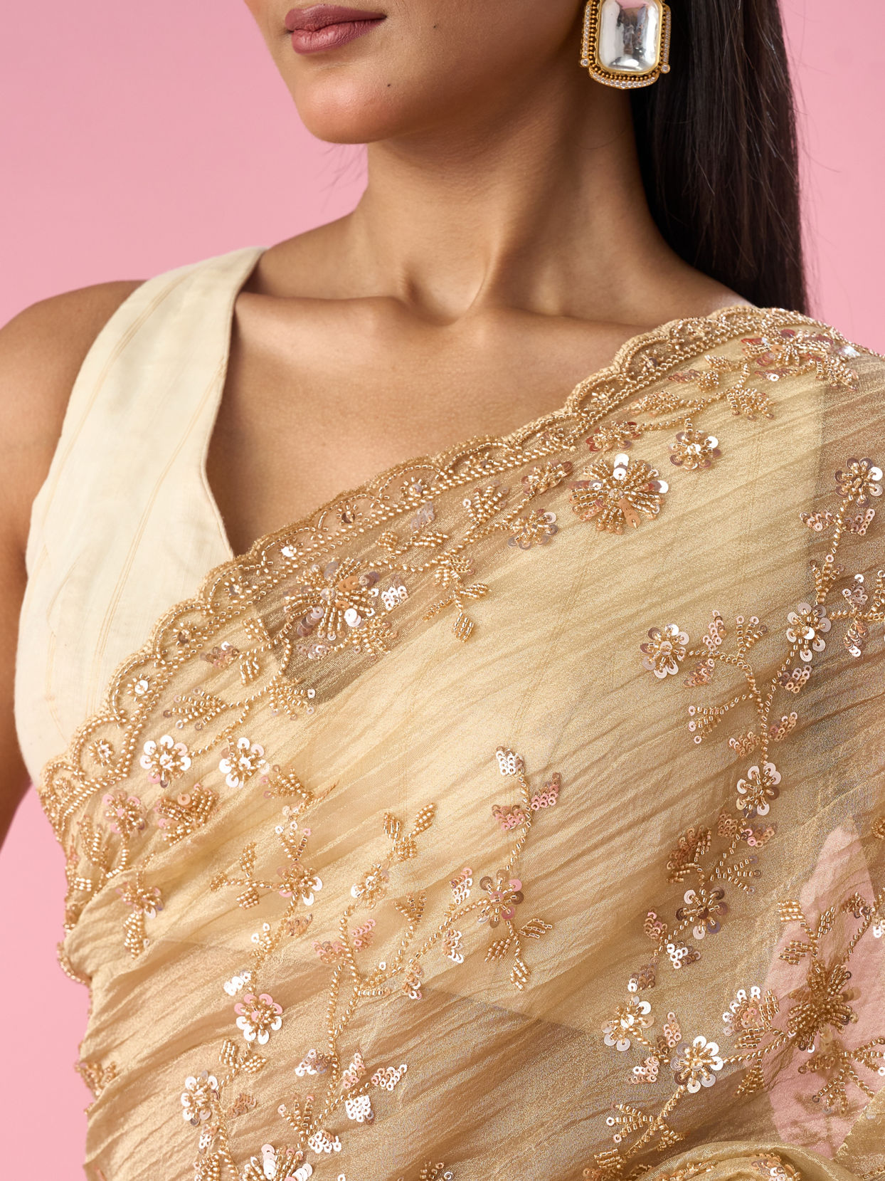 Mohey Women Fawn Organza Saree with Cutdana and Sequin Work