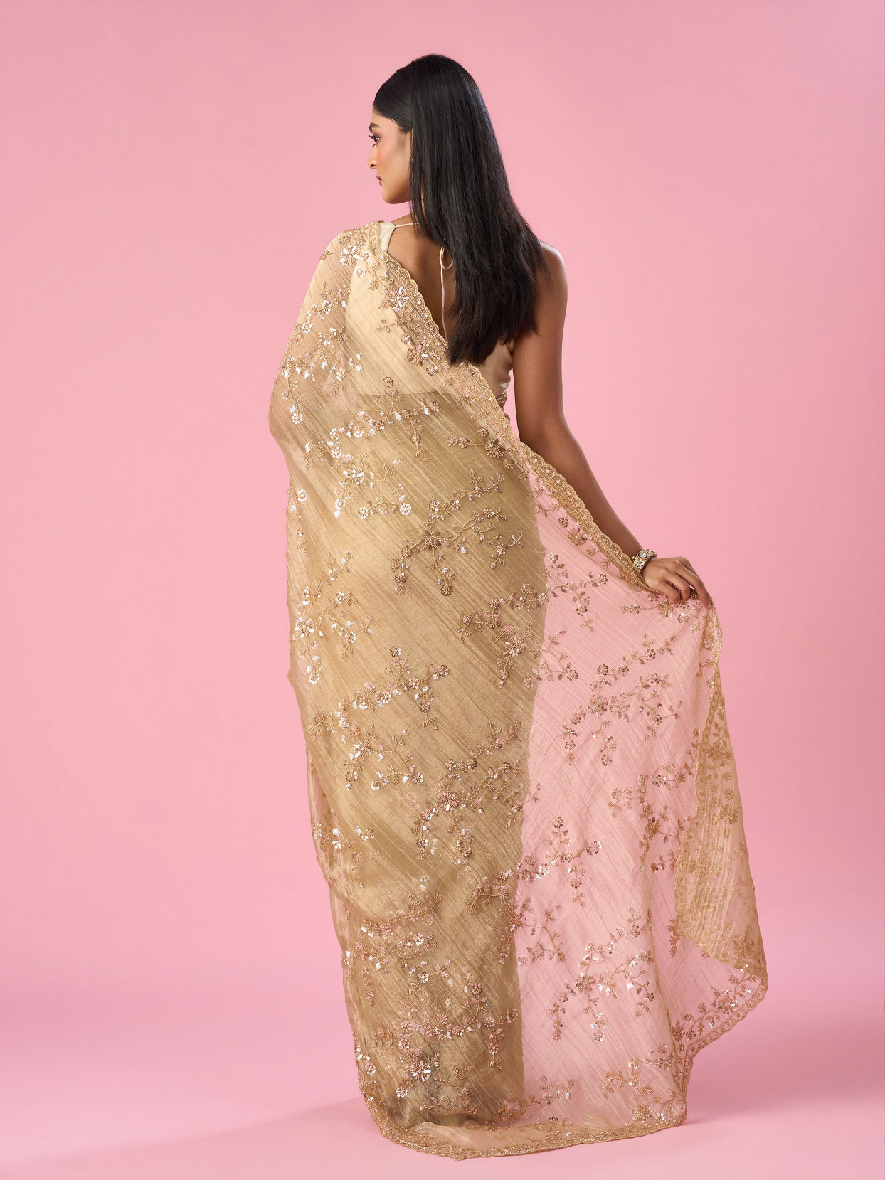 Mohey Women Fawn Organza Saree with Cutdana and Sequin Work