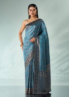 Mohey Women Light Blue Silk Saree with Stone Work