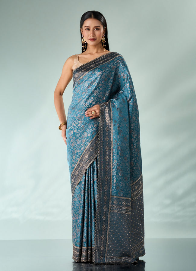 Mohey Women Light Blue Silk Saree with Stone Work