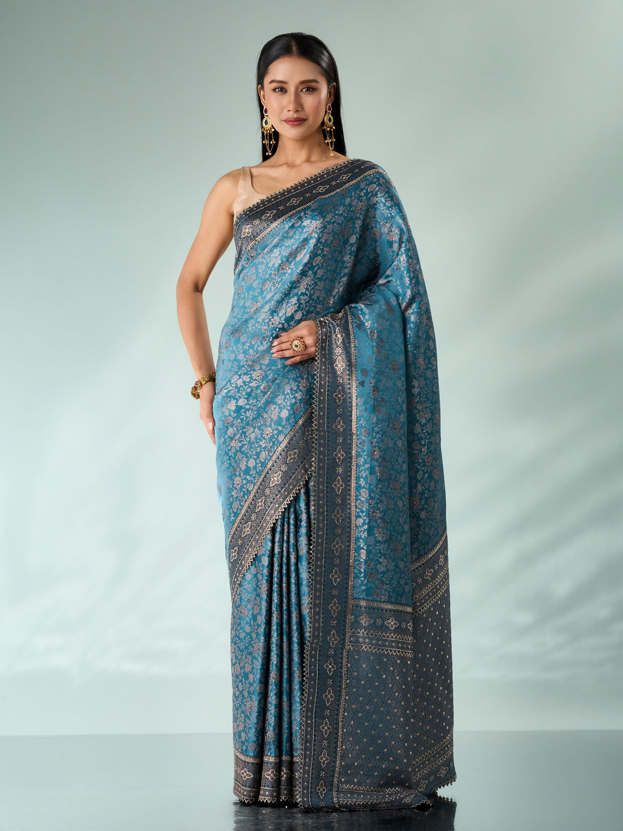 Mohey Women Light Blue Silk Saree with Stone Work
