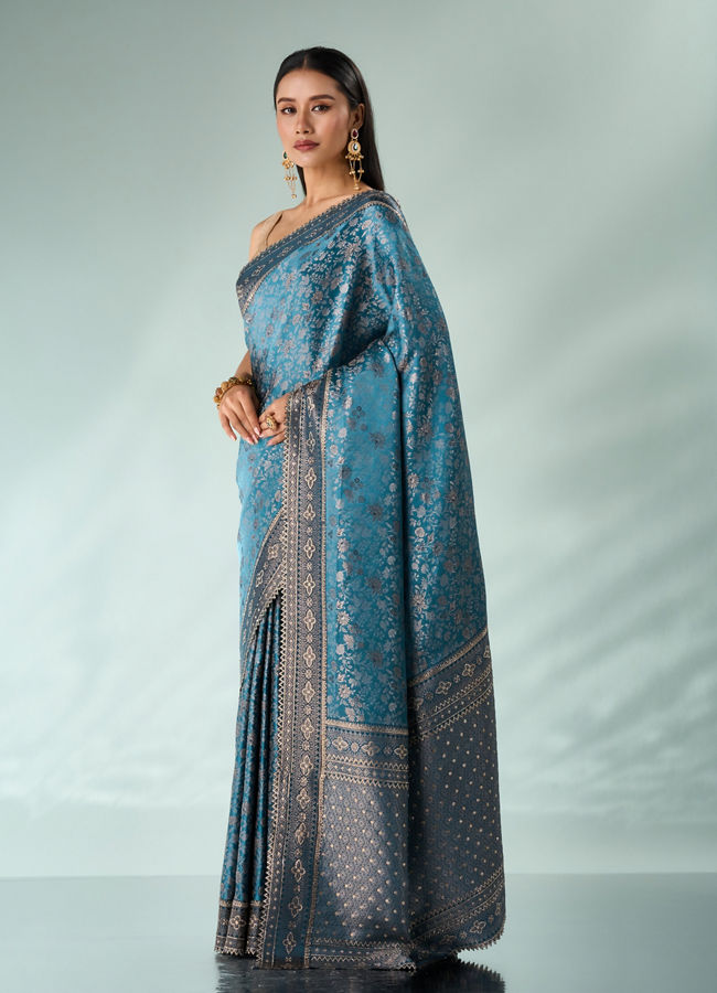 Mohey Women Light Blue Silk Saree with Stone Work