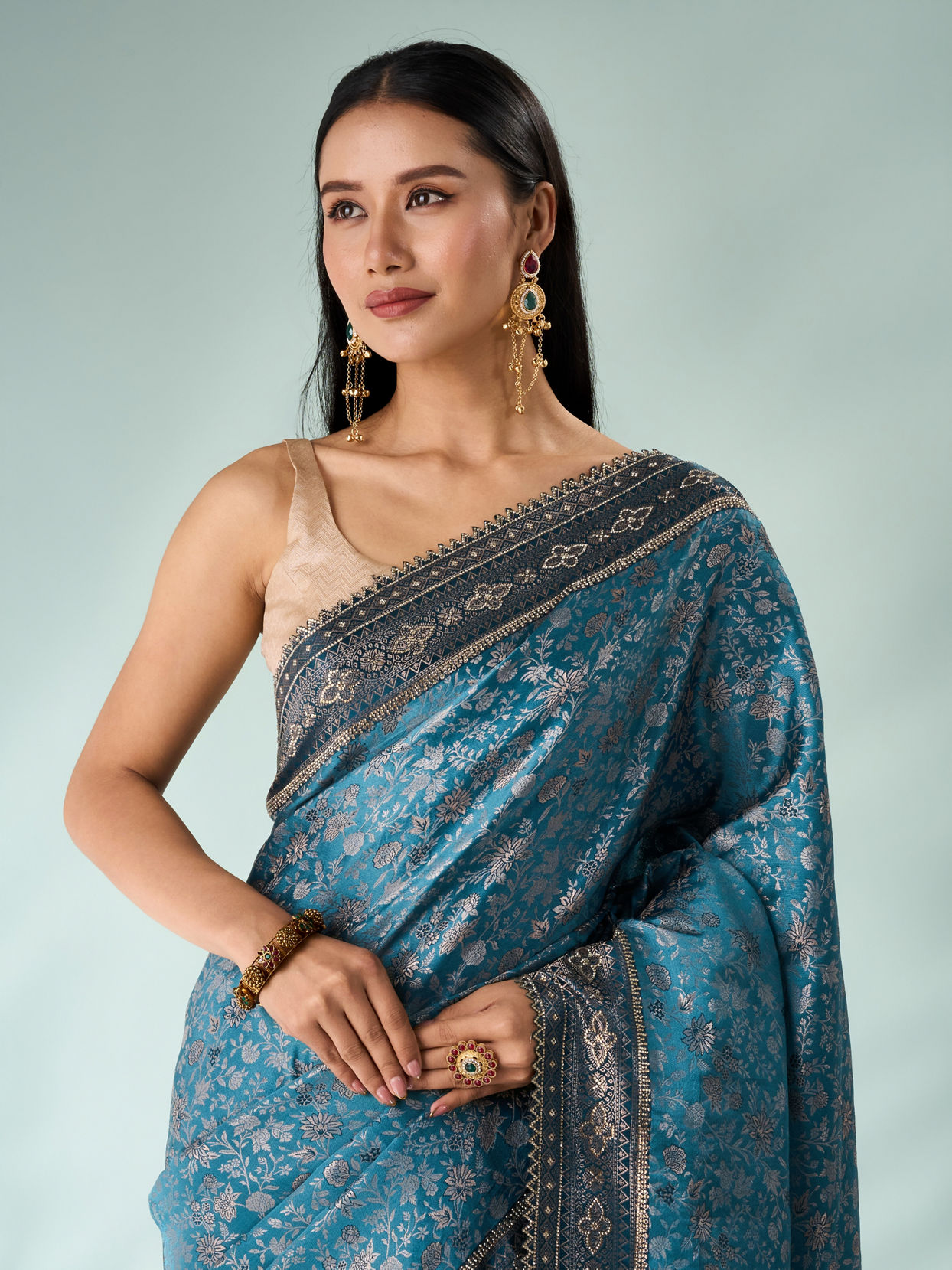 Mohey Women Light Blue Silk Saree with Stone Work