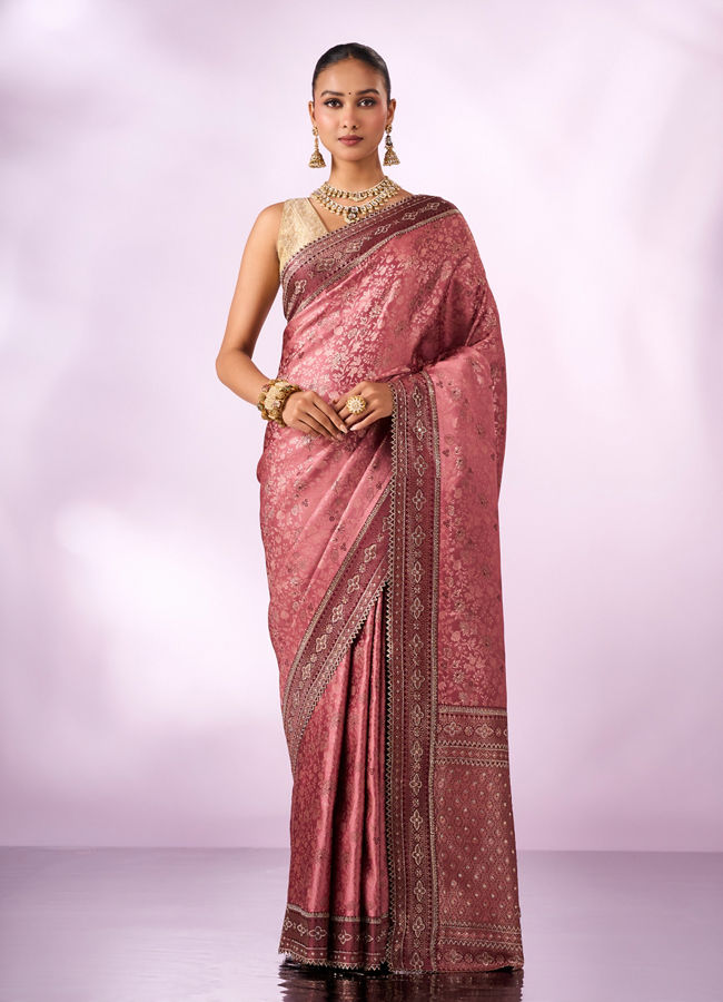 Mohey Women Dusty Pink Silk Saree with Stone Work