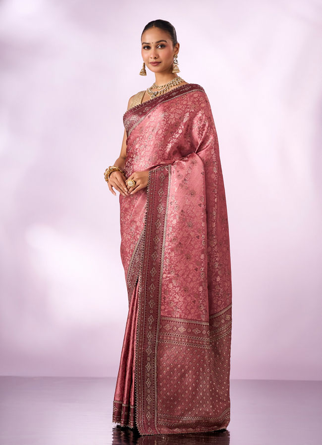 Mohey Women Dusty Pink Silk Saree with Stone Work