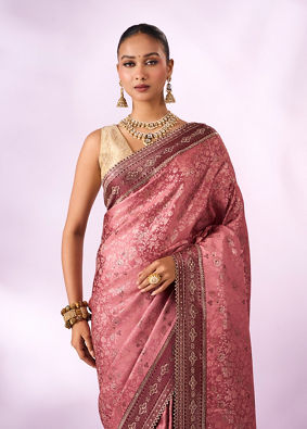 Mohey Women Dusty Pink Silk Saree with Stone Work