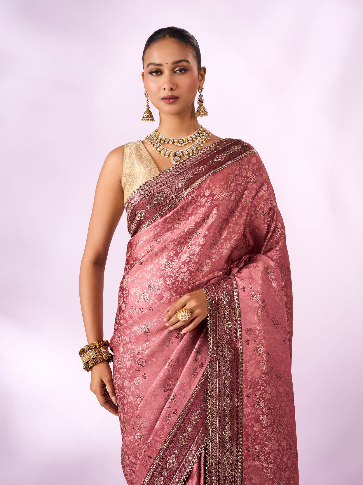 Mohey Women Dusty Pink Silk Saree with Stone Work