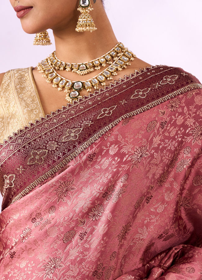 Mohey Women Dusty Pink Silk Saree with Stone Work