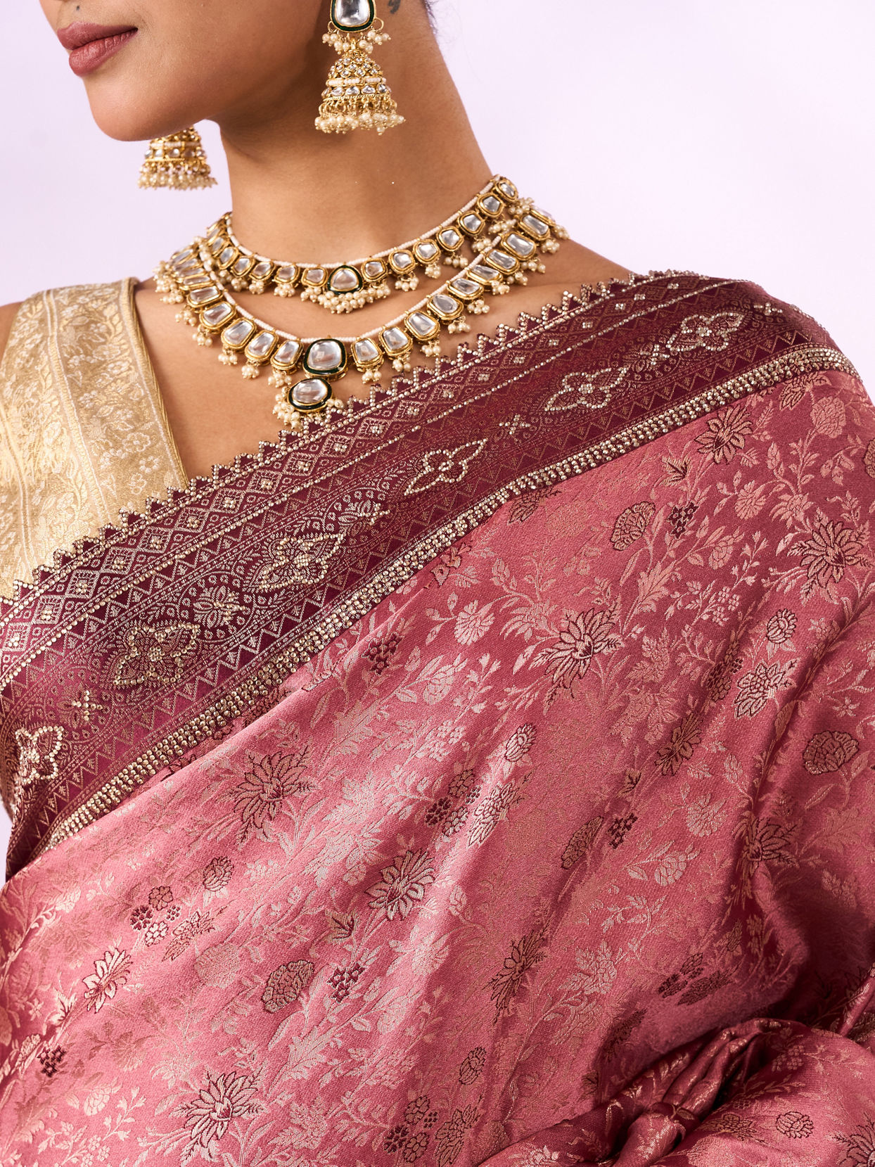 Mohey Women Dusty Pink Silk Saree with Stone Work