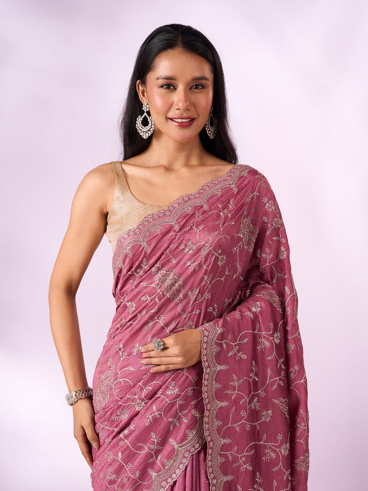 Mohey Women Dusty Pink Art Silk Saree with Stone Work