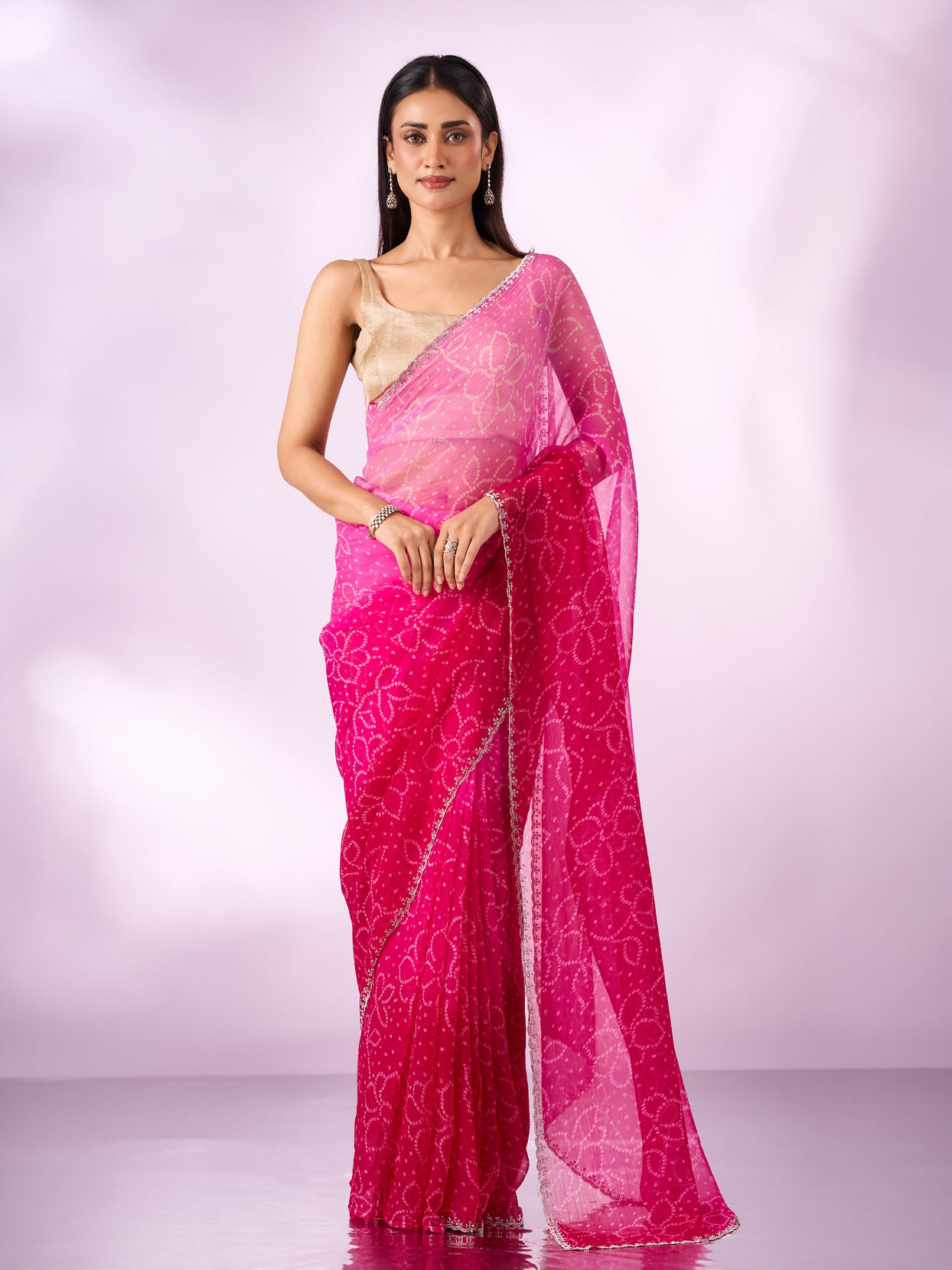Mohey Women Pink Chiffon Saree with Print and Stone Work