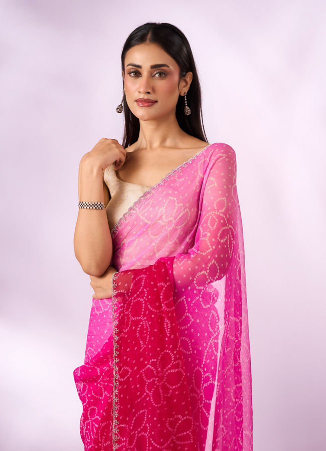 Mohey Women Pink Chiffon Saree with Print and Stone Work