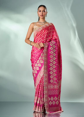 Mohey Women Pink Art Silk Saree with Mirror and Stone Work