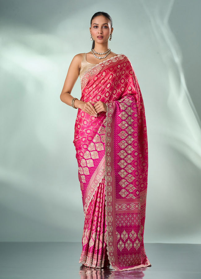 Mohey Women Pink Art Silk Saree with Mirror and Stone Work
