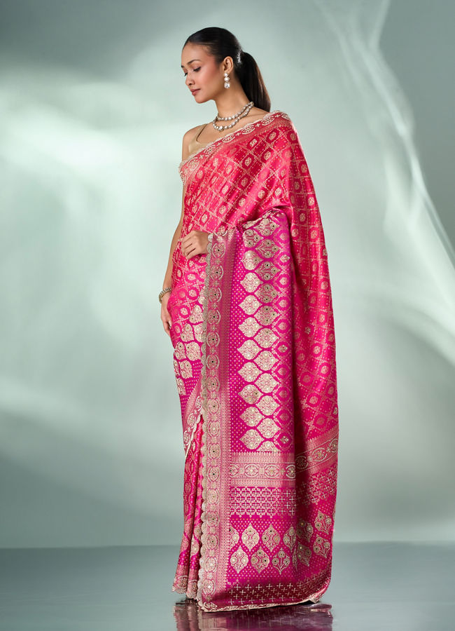Mohey Women Pink Art Silk Saree with Mirror and Stone Work