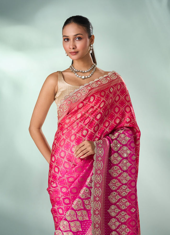 Mohey Women Pink Art Silk Saree with Mirror and Stone Work