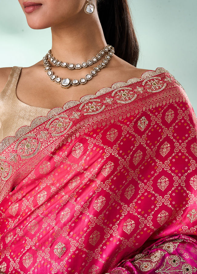 Mohey Women Pink Art Silk Saree with Mirror and Stone Work