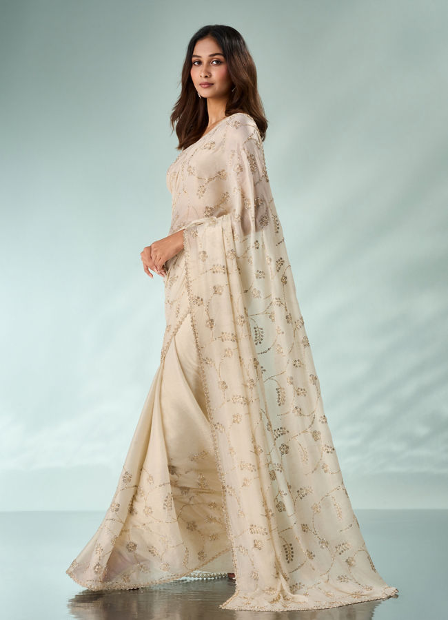 Mohey Women Cream Chiffon Saree with Cutdana Work