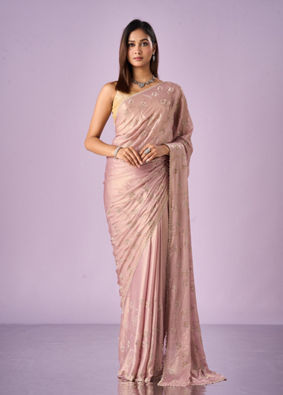 Mohey Women Purple Chiffon Saree with Cutdana Work