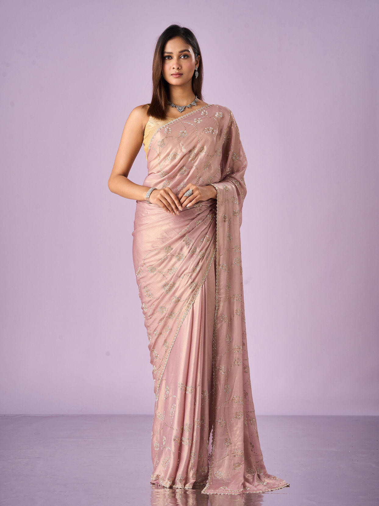 Mohey Women Purple Chiffon Saree with Cutdana Work