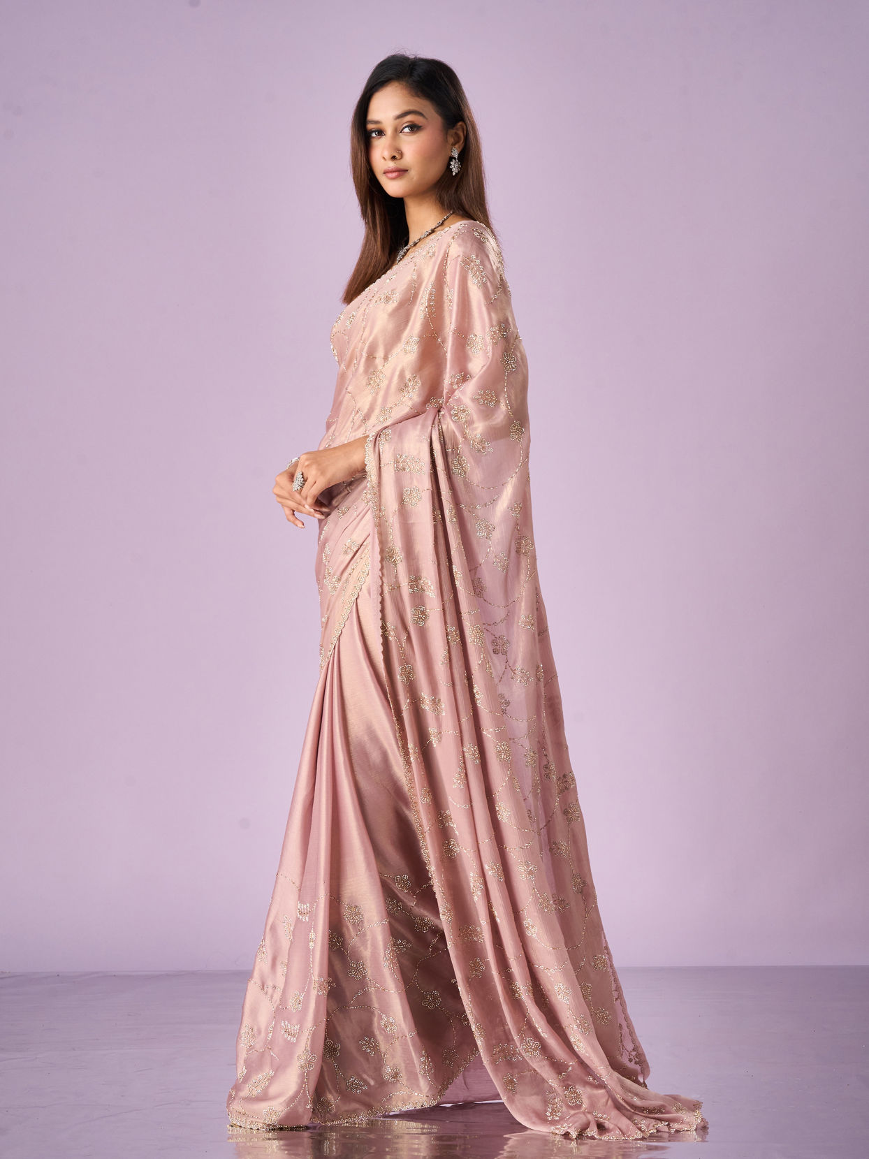 Mohey Women Purple Chiffon Saree with Cutdana Work