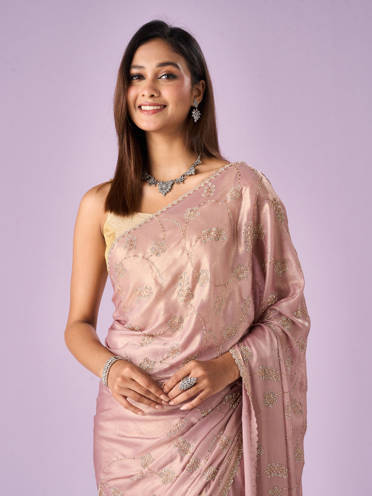 Mohey Women Purple Chiffon Saree with Cutdana Work