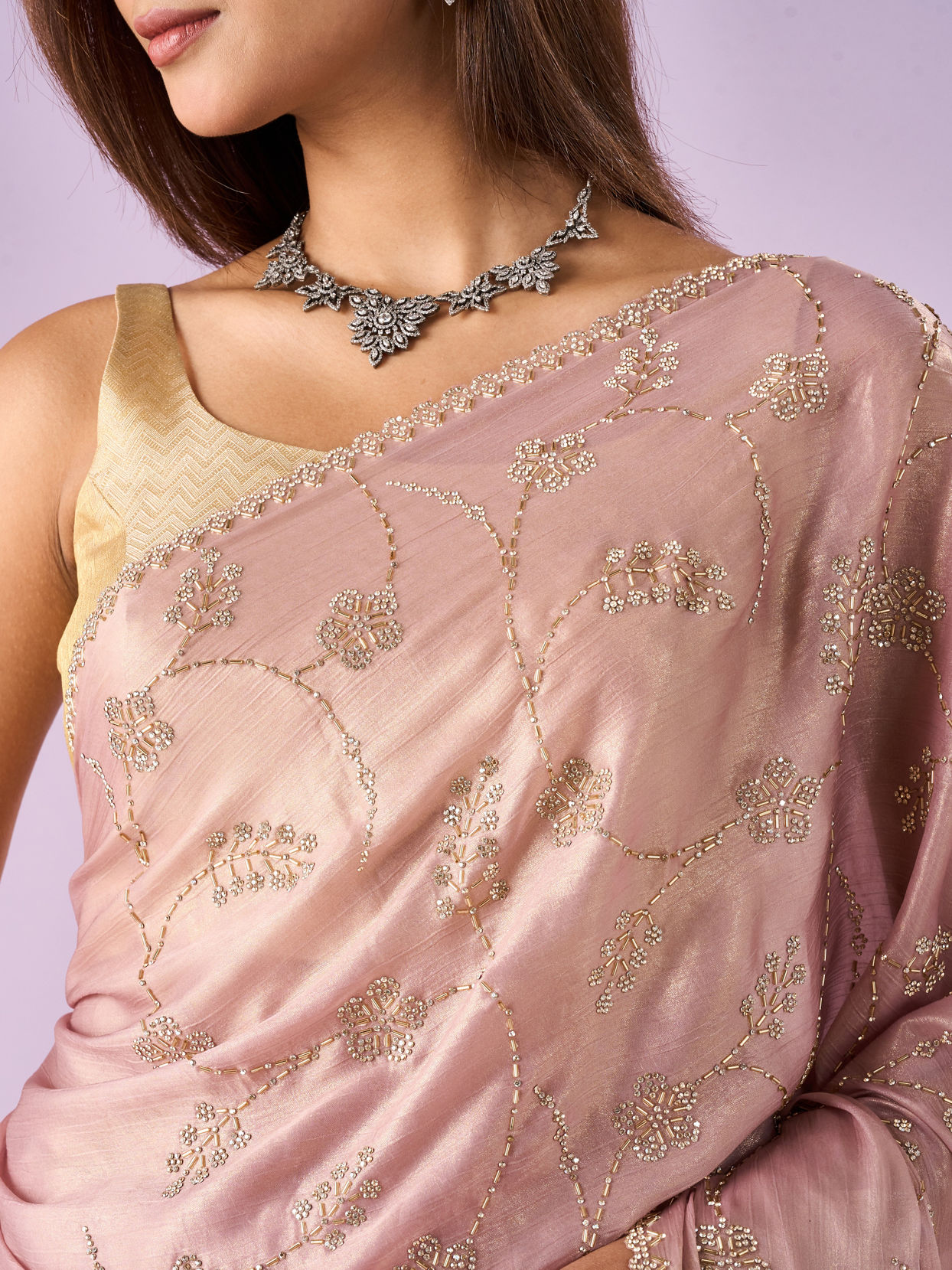 Mohey Women Purple Chiffon Saree with Cutdana Work