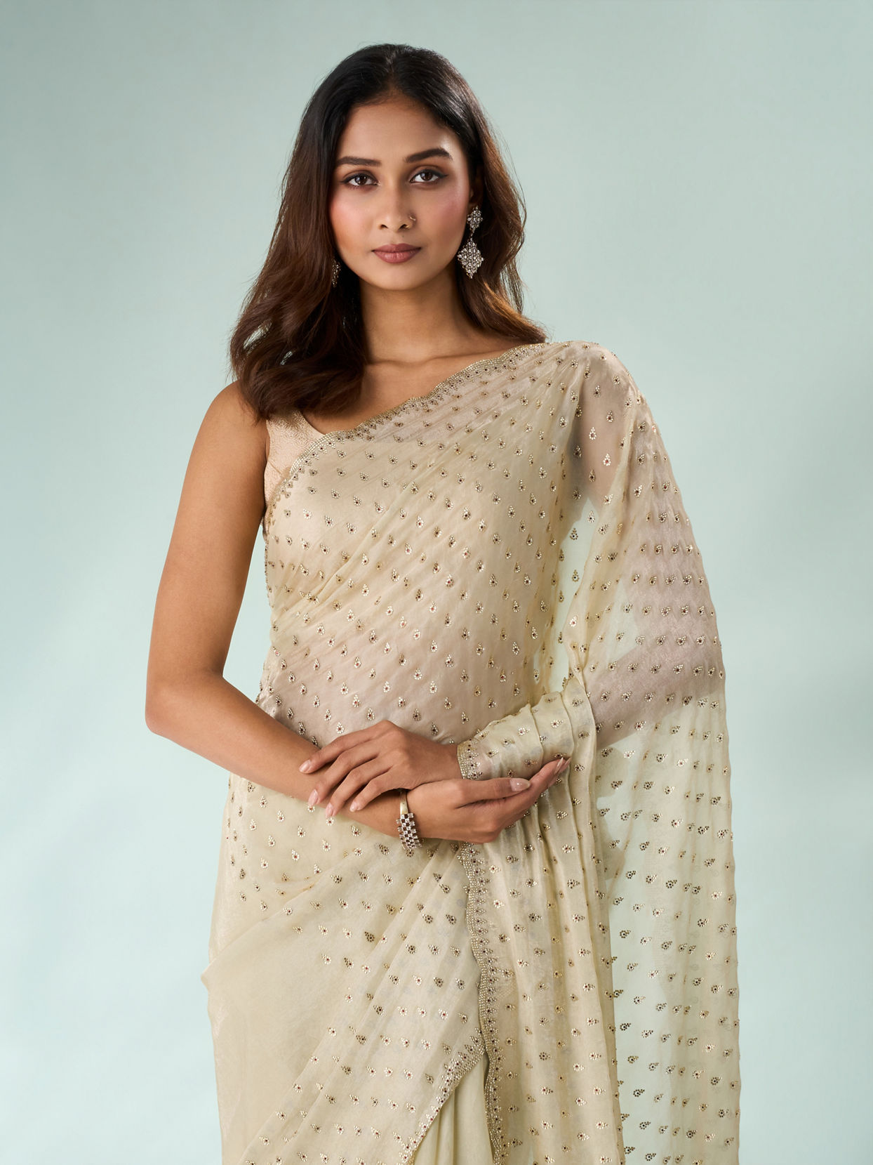 Mohey Women Green Organza Saree with Stone Work