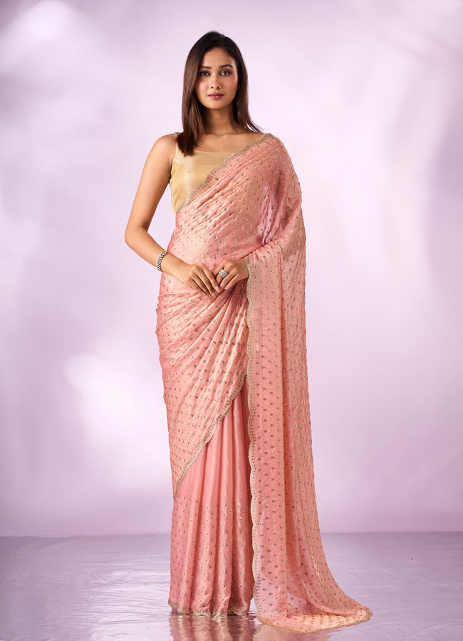 Mohey Women Pink Organza Saree with Stone Work
