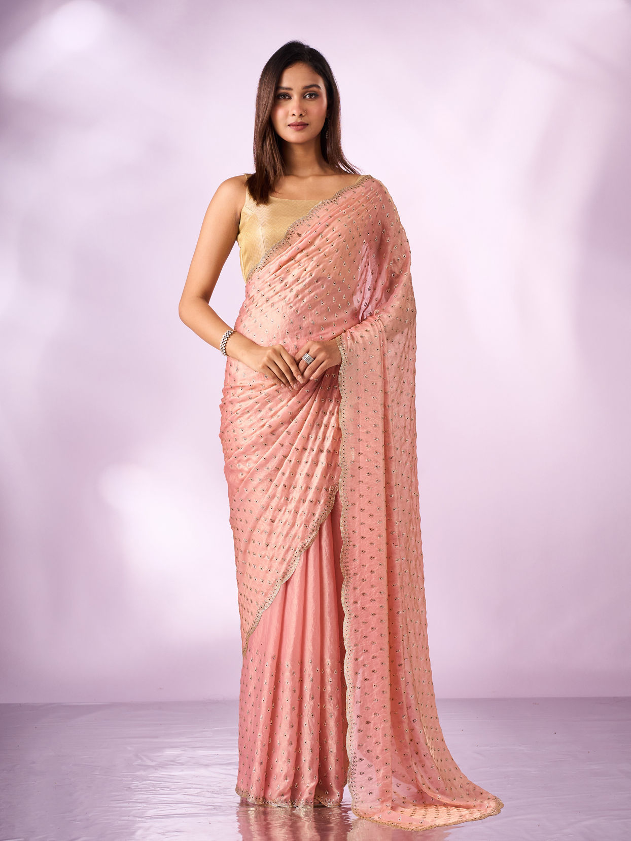 Mohey Women Pink Organza Saree with Stone Work