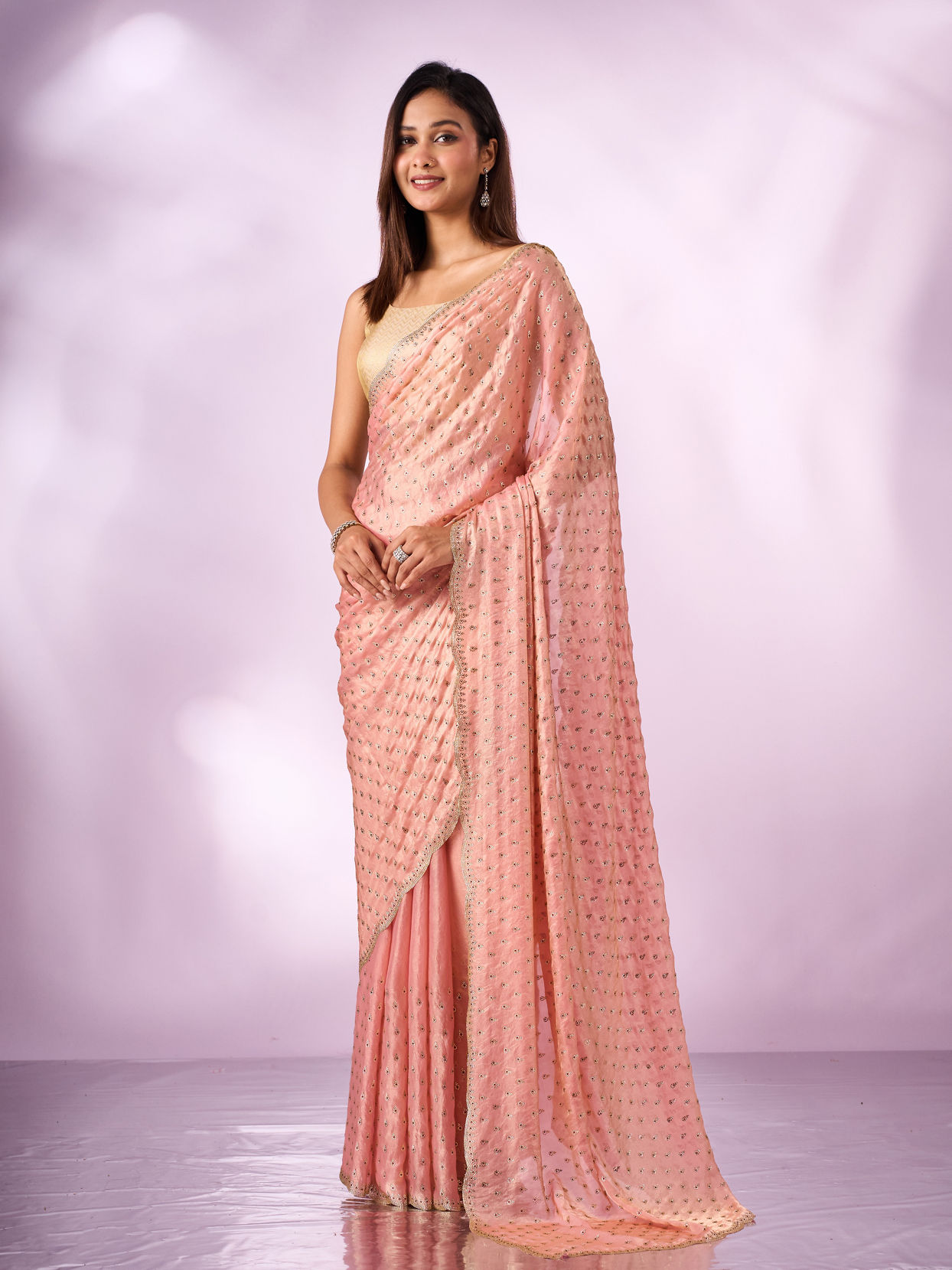 Mohey Women Pink Organza Saree with Stone Work