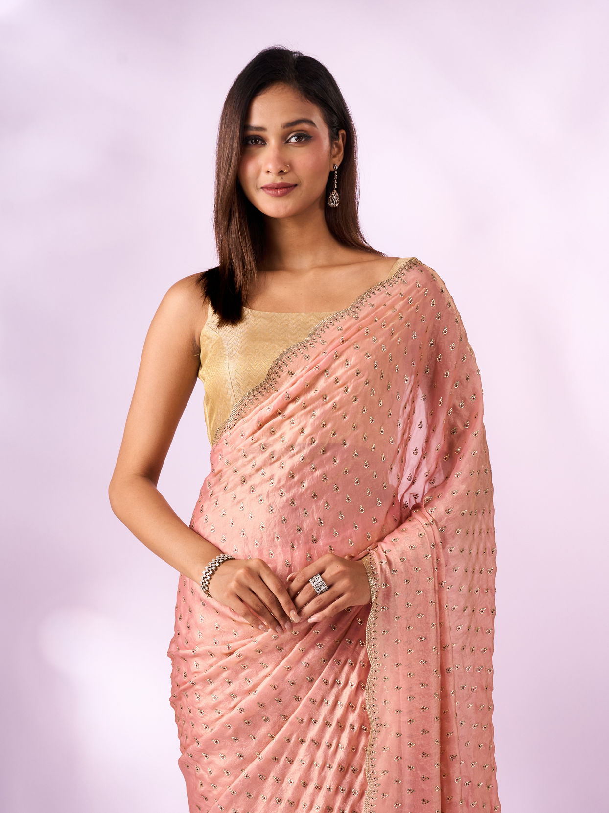 Mohey Women Pink Organza Saree with Stone Work