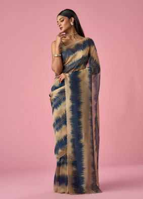 Mohey Women Indigo Blue Organza Saree with Print