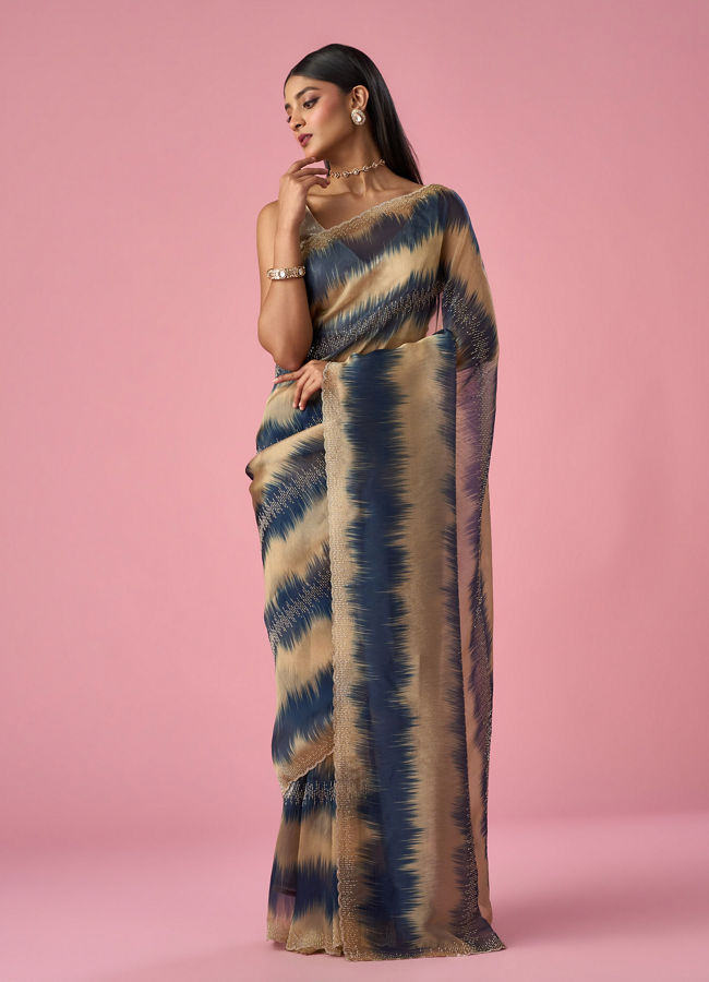 Mohey Women Indigo Blue Organza Saree with Print