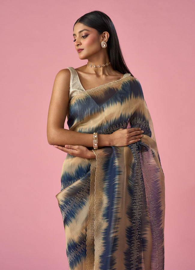 Mohey Women Indigo Blue Organza Saree with Print