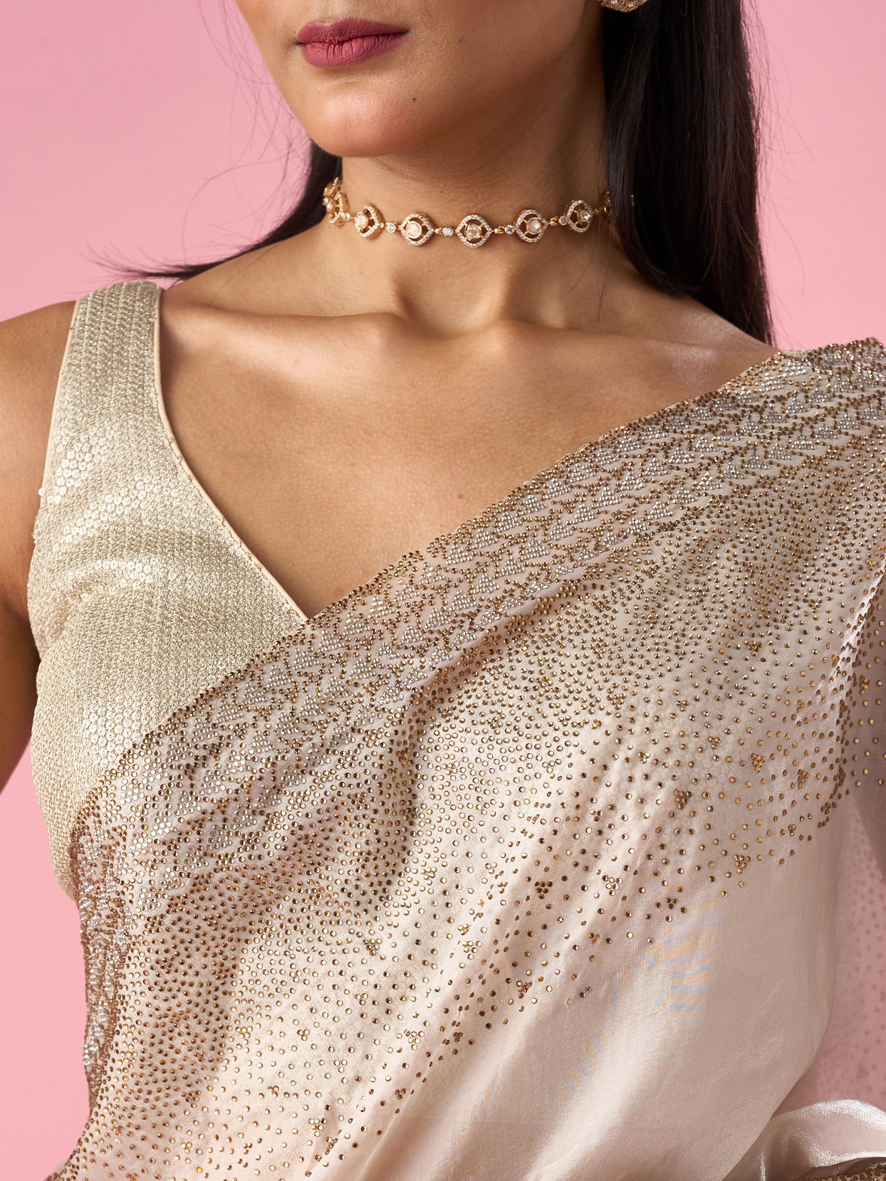 Mohey Women Cream Organza Saree with Stone Work
