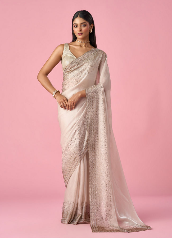 Mohey Women Cream Organza Saree with Stone Work