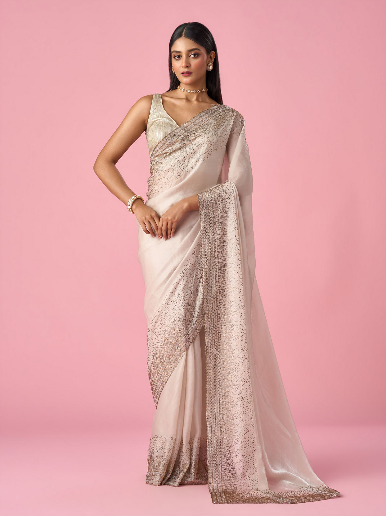 Mohey Women Cream Organza Saree with Stone Work