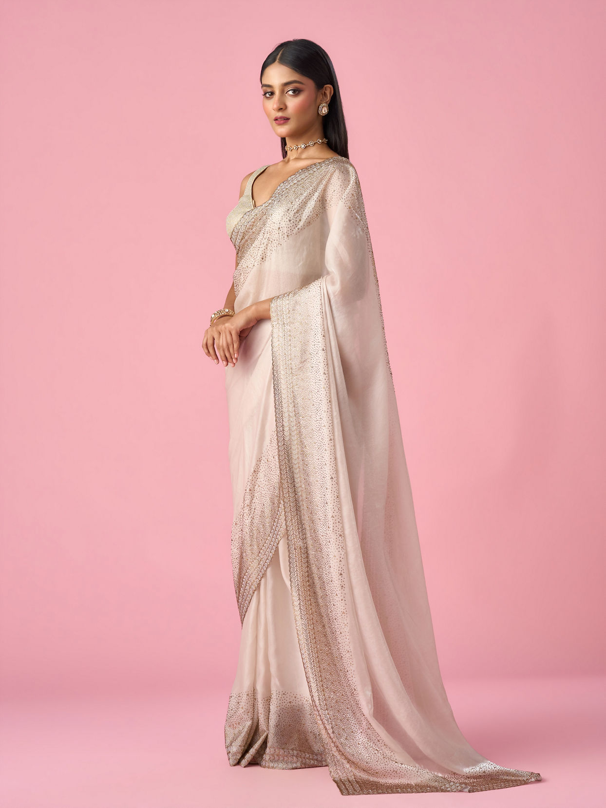 Mohey Women Cream Organza Saree with Stone Work