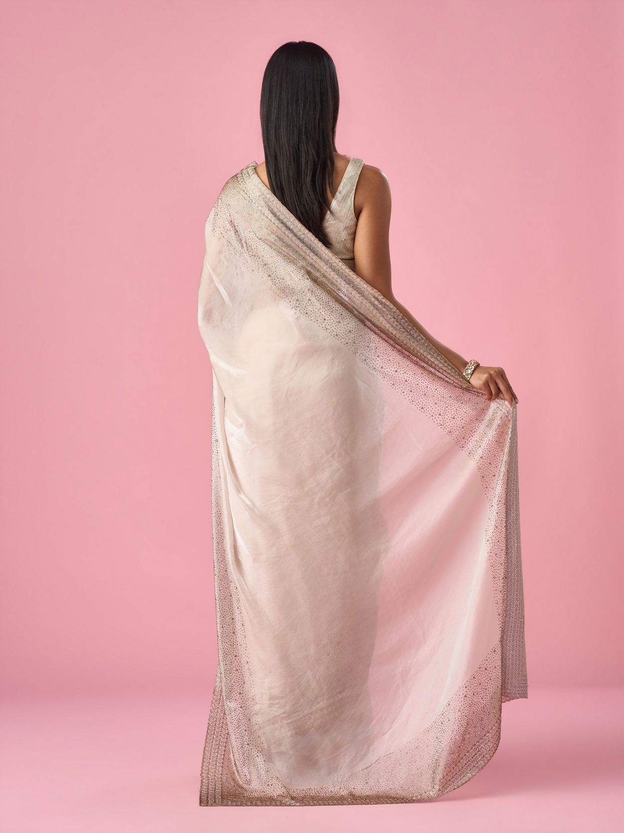 Mohey Women Cream Organza Saree with Stone Work