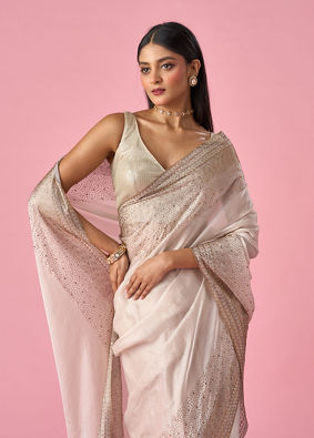 Mohey Women Cream Organza Saree with Stone Work