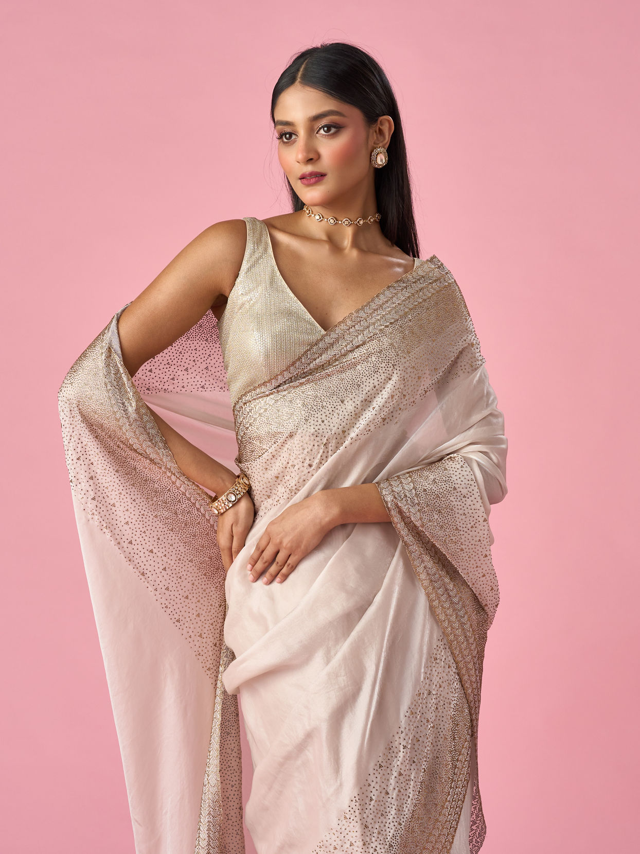 Mohey Women Cream Organza Saree with Stone Work