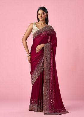 Mohey Women Wine Organza Saree with Stone Work