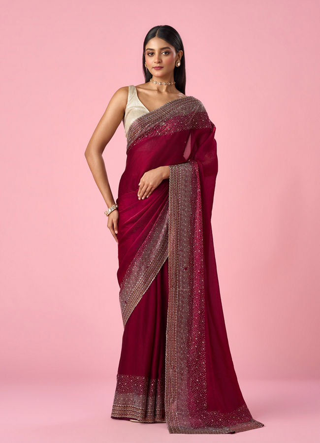 Mohey Women Wine Organza Saree with Stone Work
